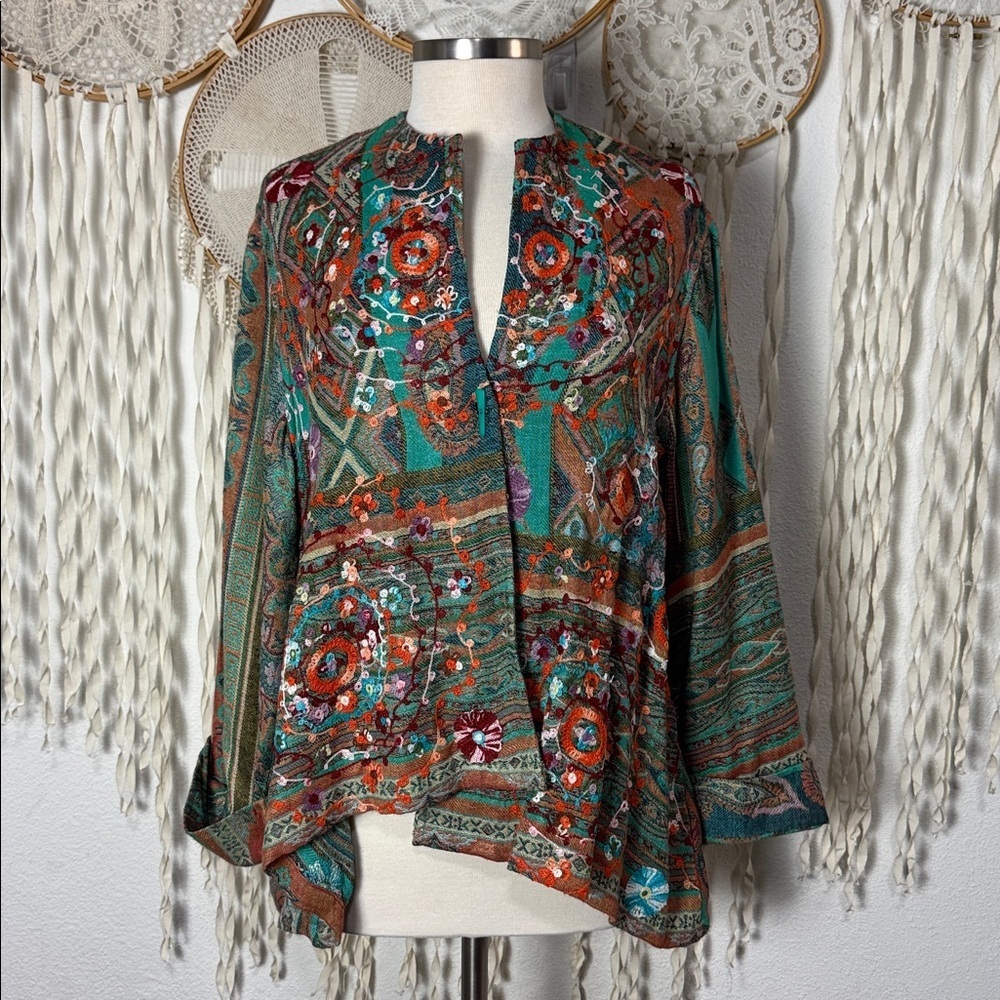 Anu Art To Wear Colorful Embroidered Asymmetrical Hemline Kimono Jacket Large